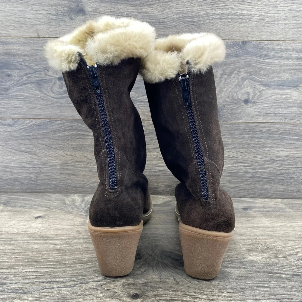 Maxine of Canada Mid-Calf Boots Women 10M Brown Suede Faux Fur Trim Wedge Heel